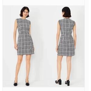 Ann Taylor Women's 12 Black White Fringe Tweed Flare Plaid Dress Mini Sleeveless